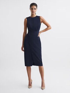 REISS Size 4 Navy Layla Sleeveless Sheath Wrap  Knee Length Career Dress NEW